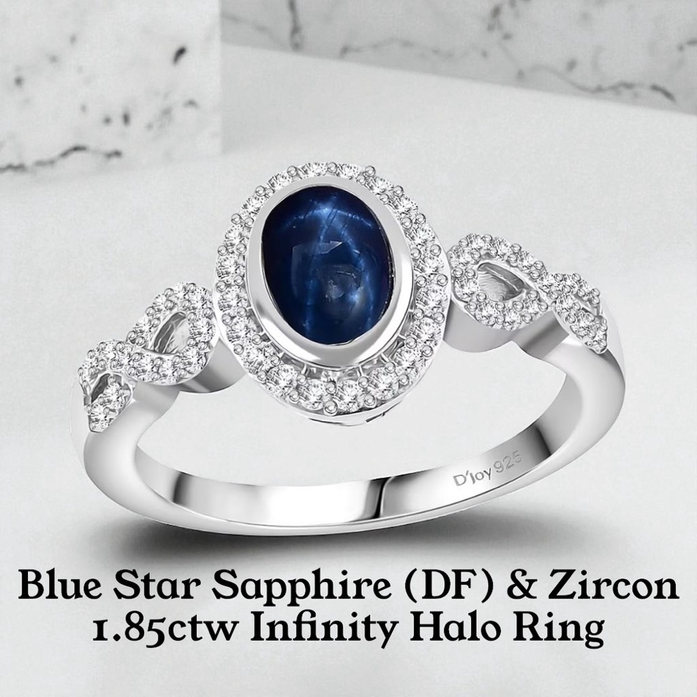 Blue Star Sapphire & Zircon 1.85ctw Infinity Halo Sterling Silver Ring